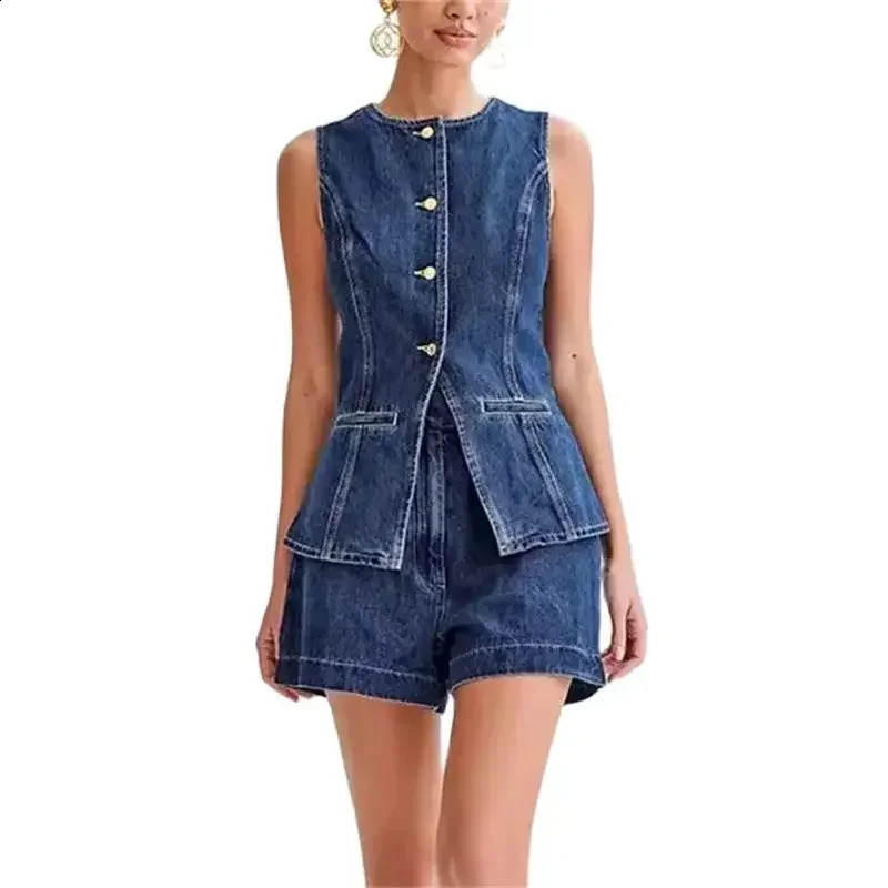 Retro casual denim set womens sleeveless button back splicing ultra-thin jacket splicing womens two-piece set high waisted shorts 240821