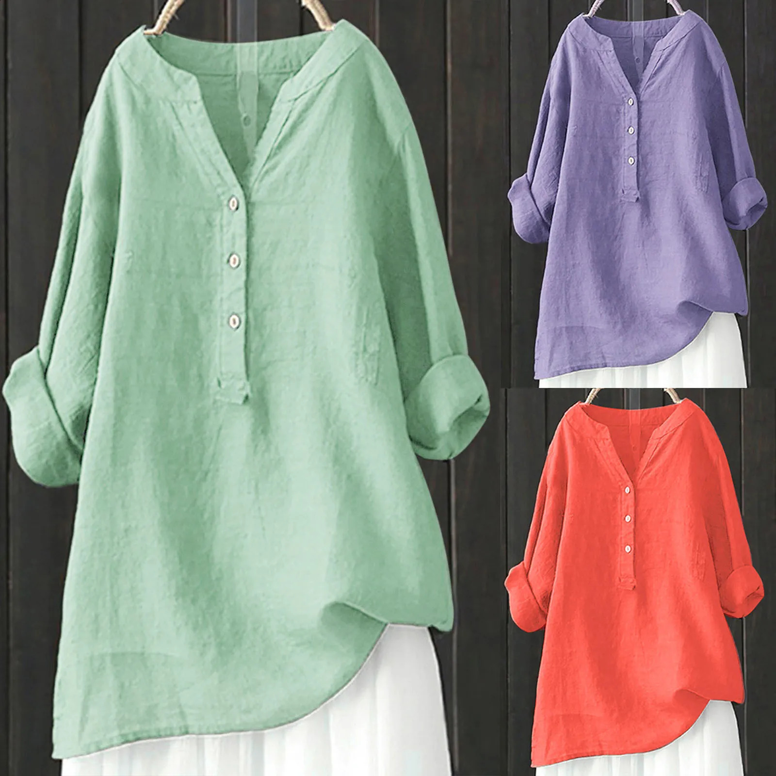 Womens S-5xl plus size shirt cotton linen half button top long sleeved V-neck shirt zipper hidden abdominal clothing 240821