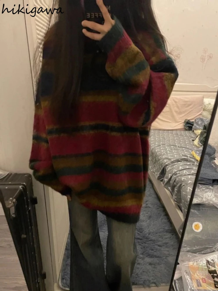 Streetwear Pull rayé pour femmes Ropa Mujer Pull Femme mode décontracté rayé Knin Pull surdimensionné pulls Y2k hauts 240820
