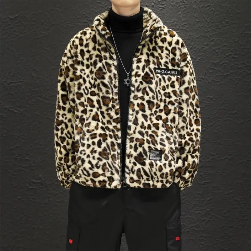Hommes épais léopard en fausse veste en fourrure nocturne club club mens top manteins hiverny laine de veste de mode en laine chaude 240821