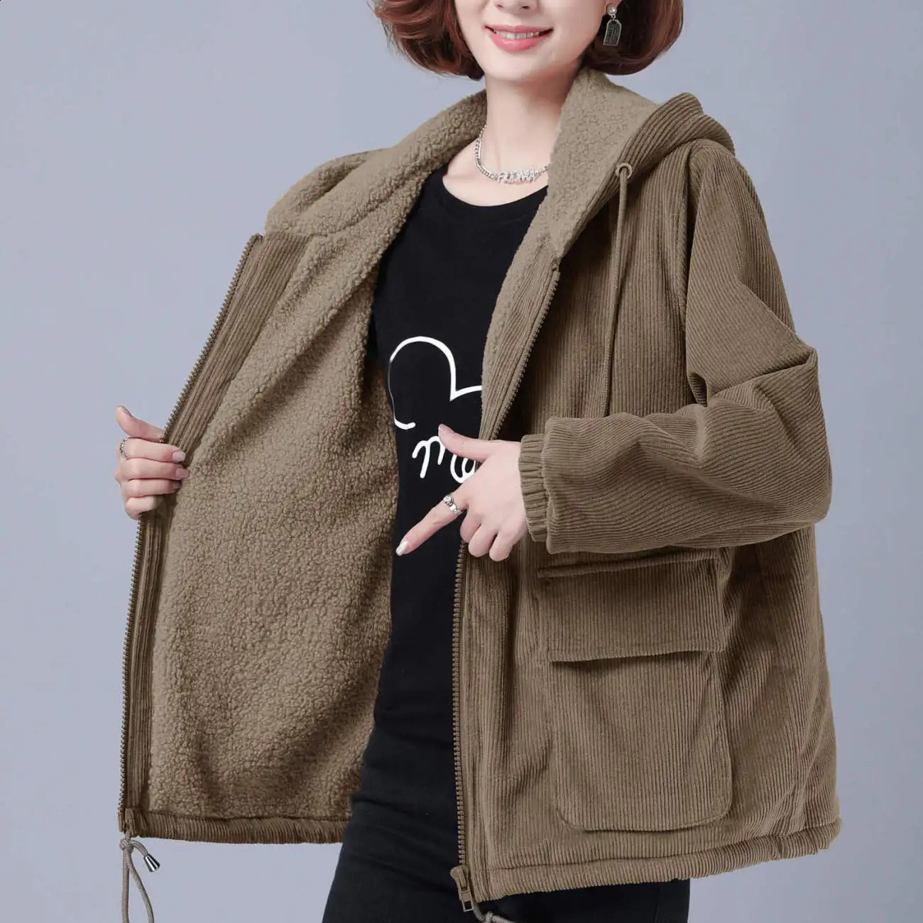2024 mode plus velours épais veste courte femme chaude en velours côtelé à capuche taille éclaircite de coton coton