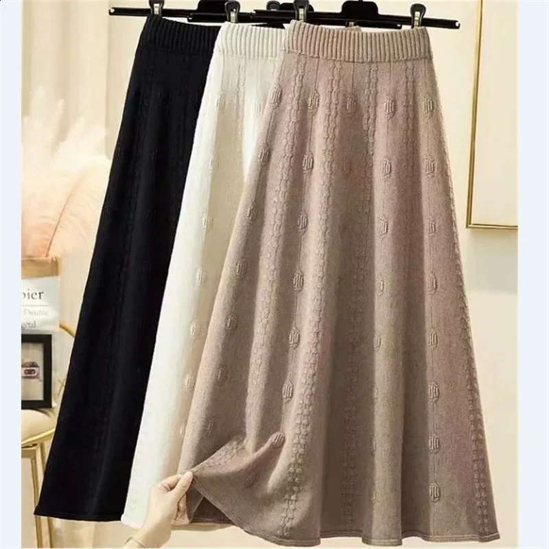 Jupe en tricot à ligne A-Ligne de longueur moyenne pour femmes Spring Automne M manteau long Robe Yarn Wide Hemline Winter Jupe 240820