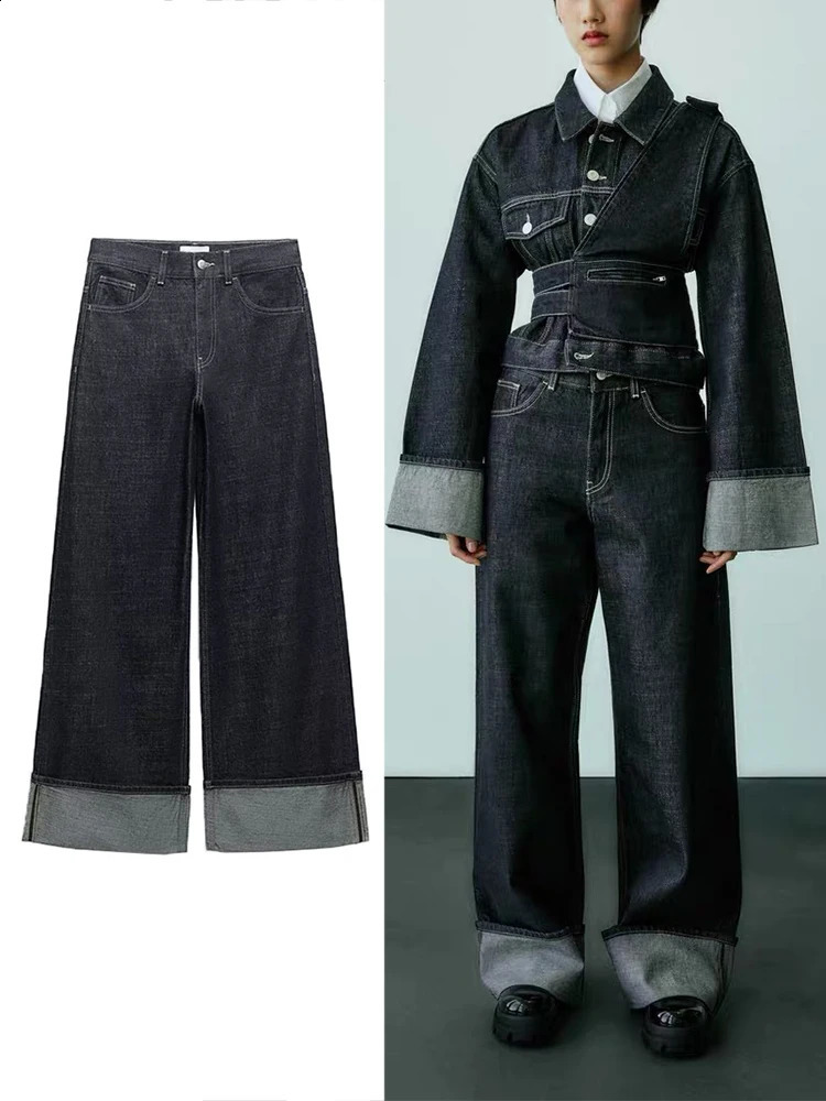 TRAF Womens High Waist Jeans Ultra Thin High Waist Trailer Trouser Rolling Loose Jeans Fashionable Casual Wide Leg Jeans 240821