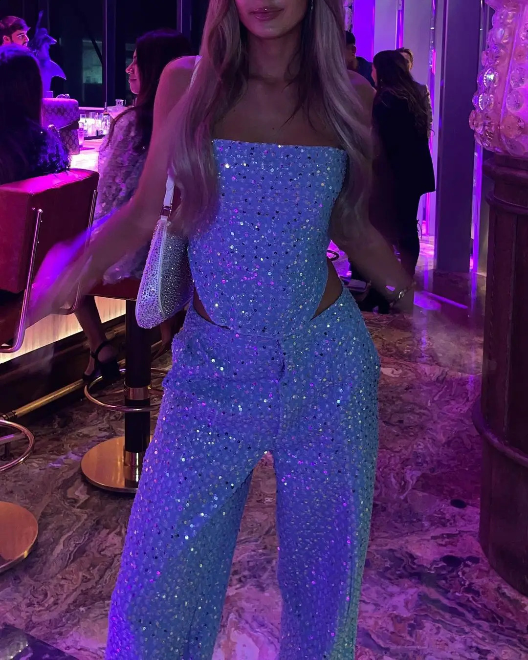Deux pièces pour femmes à la mode à paillettes paillettes pantalons de jambe sans bretelles à pantalon à manches et à masculines chics et hommes