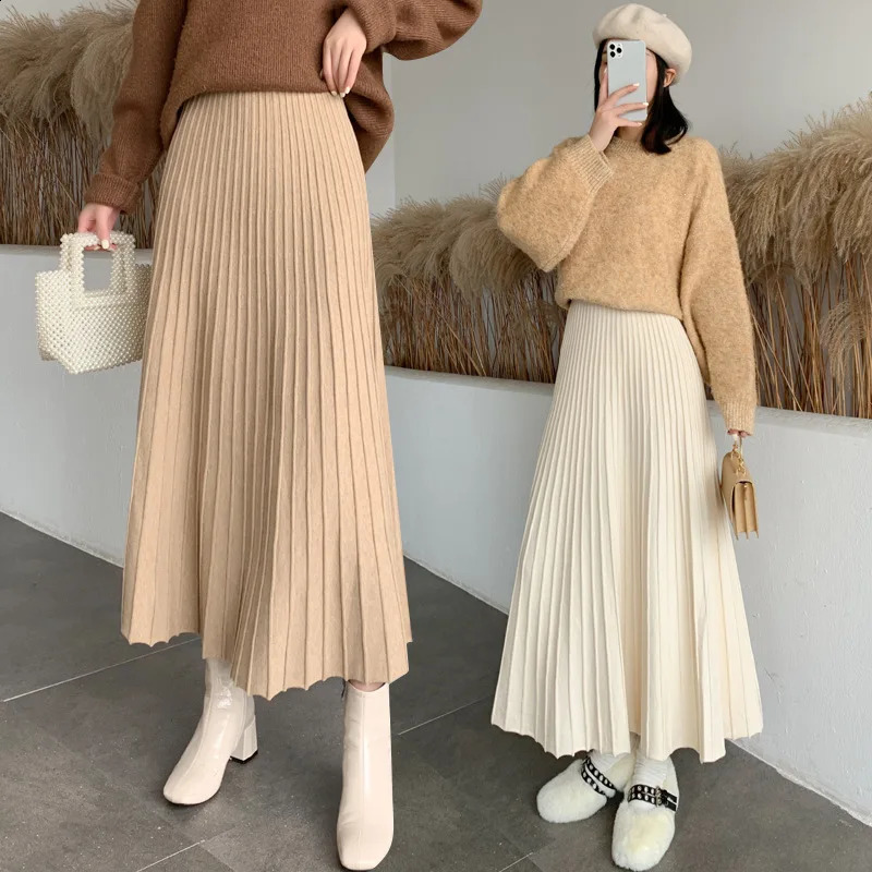 Womens Knitted Elastic High Waist Pleated A-Line Flared Maxi Skirts Autumn Winter Fashion Solid Color Long Dress LJ237 240820