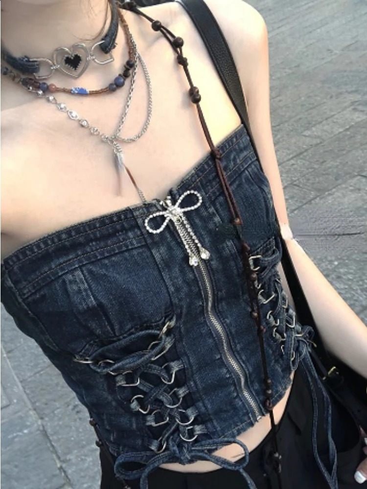 Summer retro Y2k sleeveless top for womens backless sexy party denim tight corset for womens bandages Korean fashion casual vest item 240821