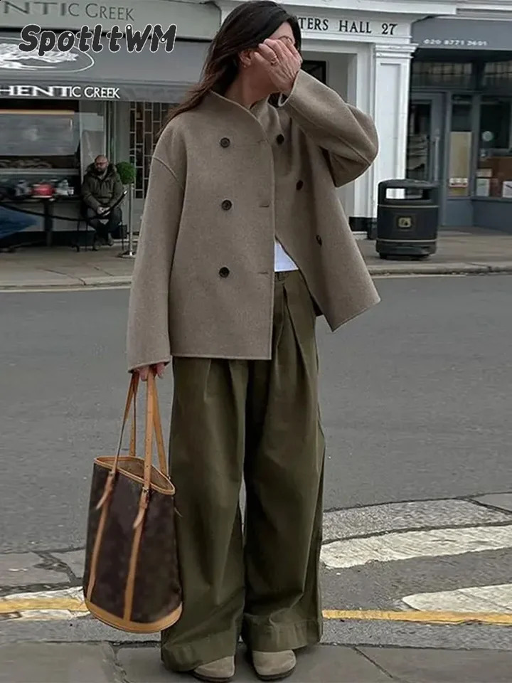 Retro Loose Casual Woolen Coats Womens Double Breasted Stand Collar Short Jacket Office Lady Autumn Winter Solid Outerwear 240820