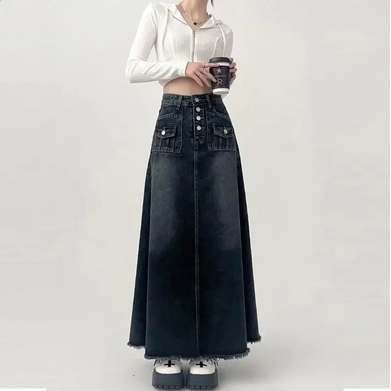 High-waisted Cargo Denim Skirt Womens Autumn Long A-line Mid-length Skirt Retro Raw Edge Y2k Female Clothing Korean Style 240820