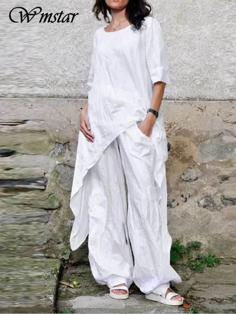 WMSTAR Two-once Womens Casual Casual Long top et pantalon Robe de vêtements d'automne Ensemble de correspondance en gros S-5xl 240821 Direct S-5X