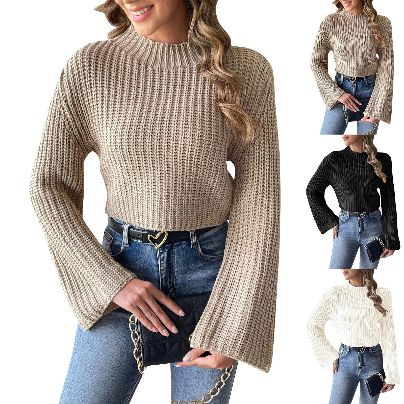 Women Knitted Sweater Tops Autumn And Winter Trend Simple Solid Short Pullovers Fashion Flared Sleeves Half High Collar Sweater 240820