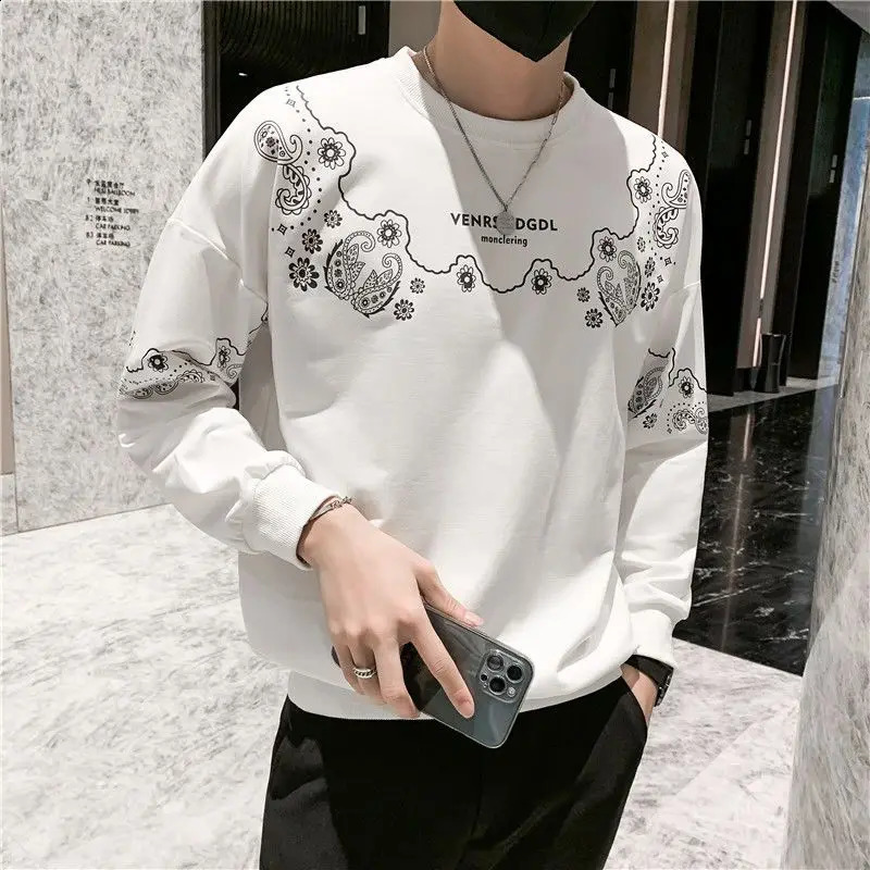 Simplicity Trend Versatile Spring Autumn Mens O-Neck Printing Fashion Casual High Street Loose Long Sleeve Sweatshirts Tops 240821