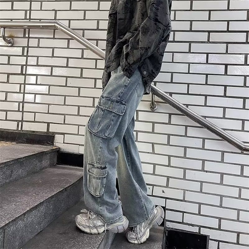 Jeans en détresse lavé dans la rue Haute Pantalon de cargaison de jambe droite Hip Hop Retro Casual Baggy Pantal