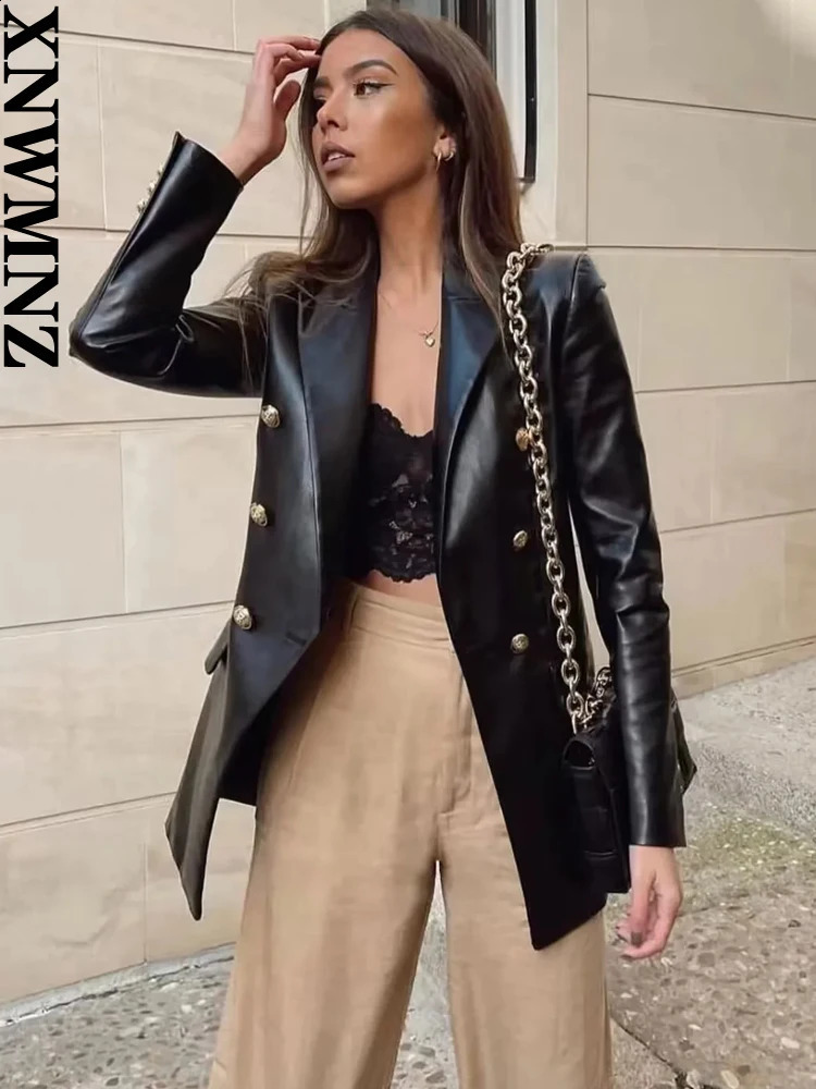 XNWMNZ Womens Fashion Autumn/Winter Faux Leather Blazer Women Retro Lapel Long Sleeve Button Versatile Female Jacket Coat 240820