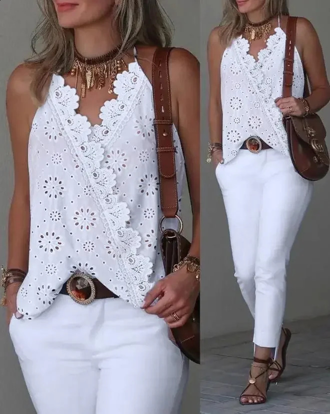 Womens V-neck summer fashion eyeliner embroidery lace patch sling casual plain sleeveless daily packaging can top Y2K clothing 240821