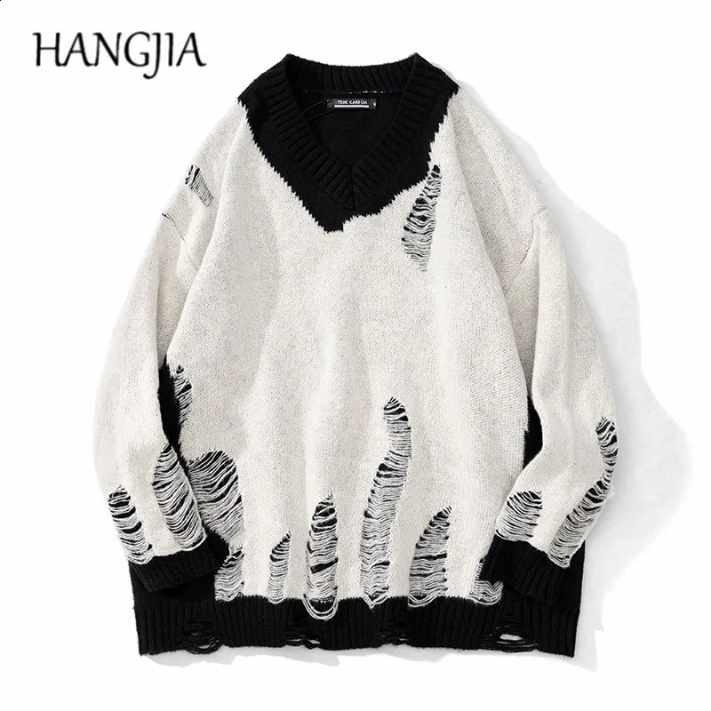 Patchwork blanc noir pull pullles lavées des pulls dérangés détruits hommes harajuku trous cavaliers en tricot pour les femmes surdimensionnées 2