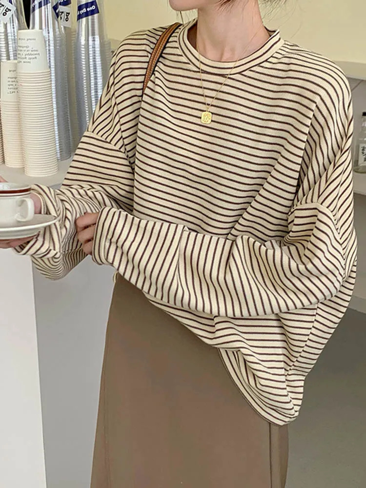 Rayures de café T-shirts en coton Femmes en vrac automne, lady décontractée à manches complètes chic tous les mecs de match 240821
