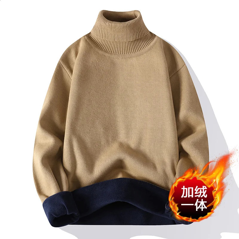 Mens AutumnWinter Knitted Turtle Neck Thick Wool Lining Solid Color Zipper Casual Sweater 240821