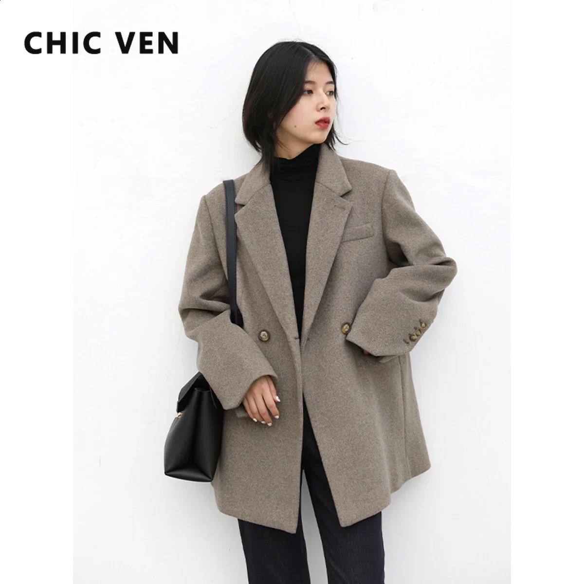 CHIC VEN Autumn Winter Women Coats Wool Blend All-match Mid-length Blazer Womens Woolen Overcoat Female Fashion Clothing 240820