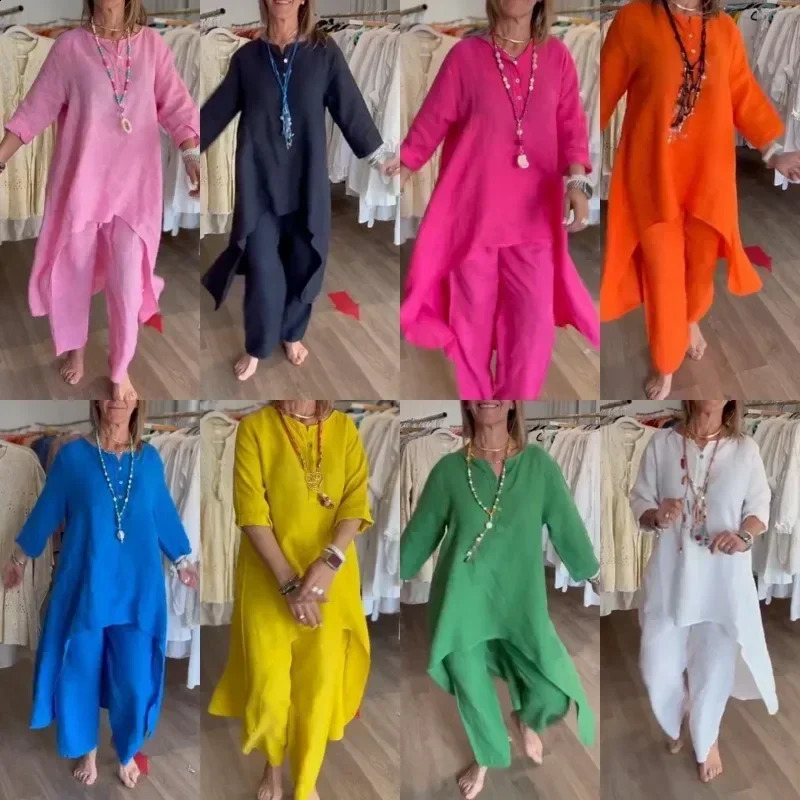 Womens S-5XL size summer womens solid color casual long sleeved irregular cotton and linen set 240821