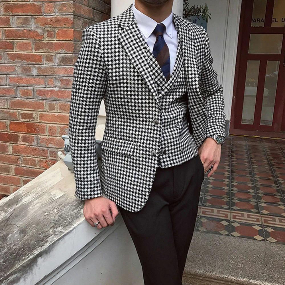 Mens Houndstooth Blazer and Houndstooth Tank Top for Wedding Set Official Coarse tweed Tailcoat Customized Mens Set JacketPantsTank Top 240821