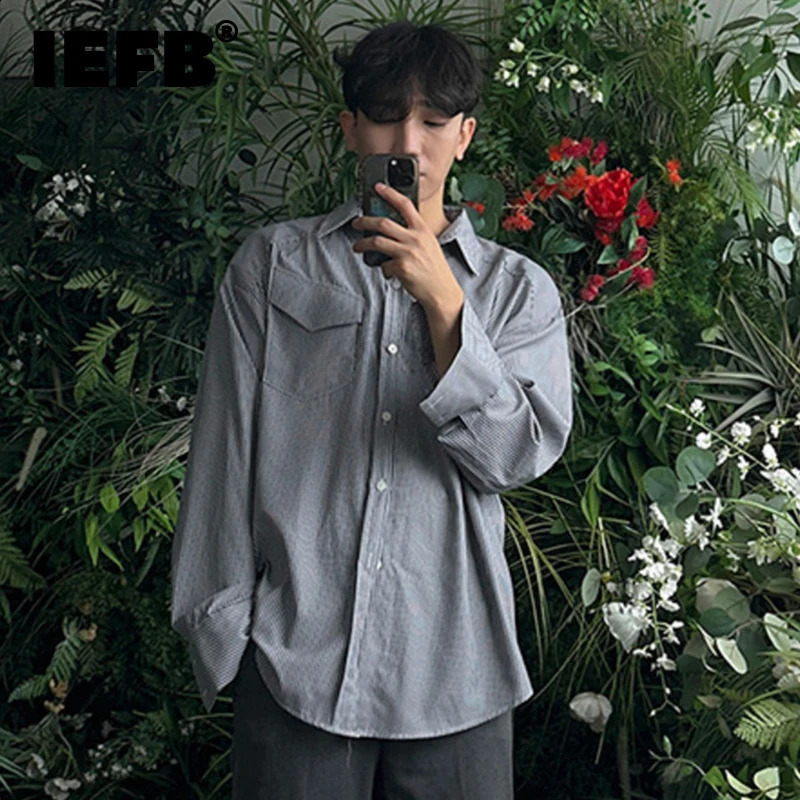 IEFB Korean Style Mens Shirts Casual Striped Turn-down Collar Long Sleeve Loose Single Breasted Male Tops Fashion 9C7801 240820