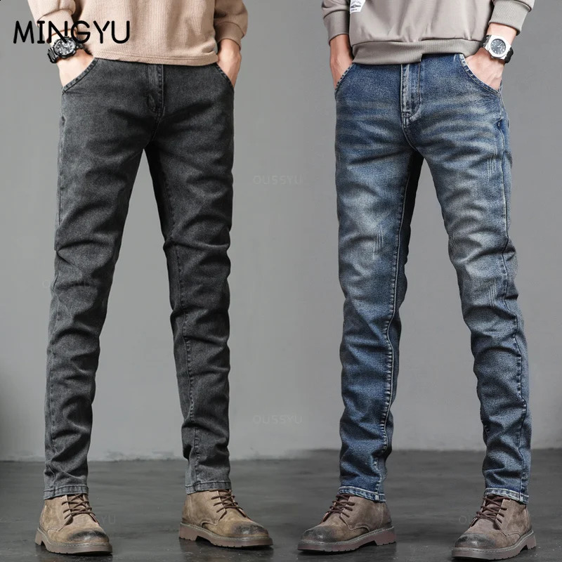 Spring Autumn Mens Classic Fashion Grey Jeans Casual Slim Skinny Vintage Blue Streetwear Biker Party Long Trousers Male 27-36 240821
