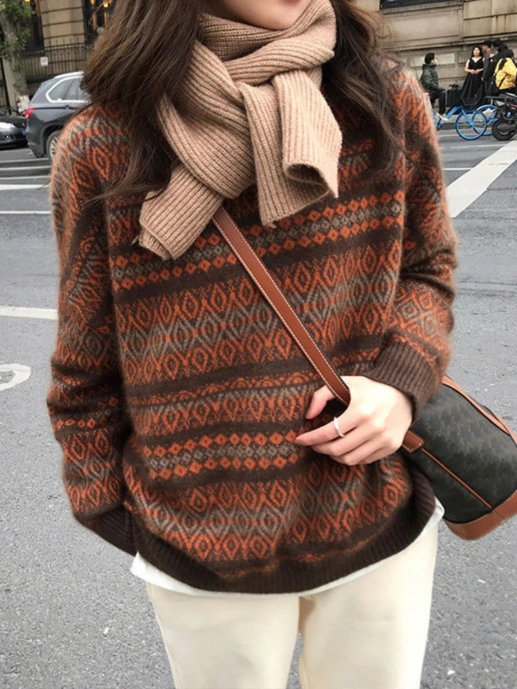 Vintage Argyle Sweater Women Japanese Harajuku Casual Loose Knitted Pullovers Ladies Autumn Winter Long Sleeve Oversized Jumper 240820