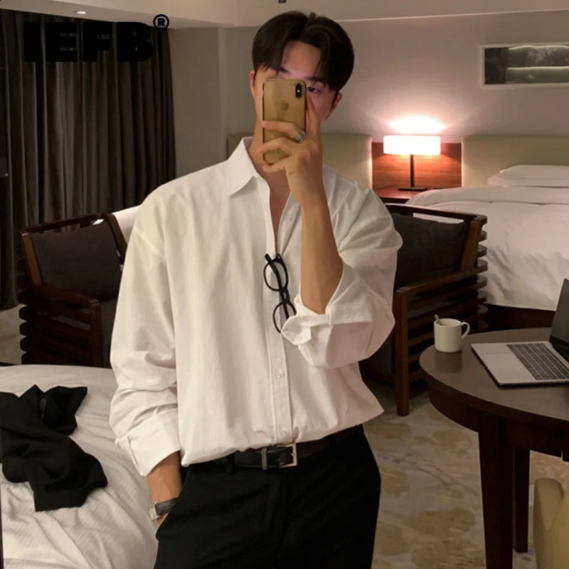 IEFB Korean Mens Casual Shirts Loose Turn-down Collar Long Sleeve Single Breasted Male Clothing Solid Color Chic 9C6615 240820