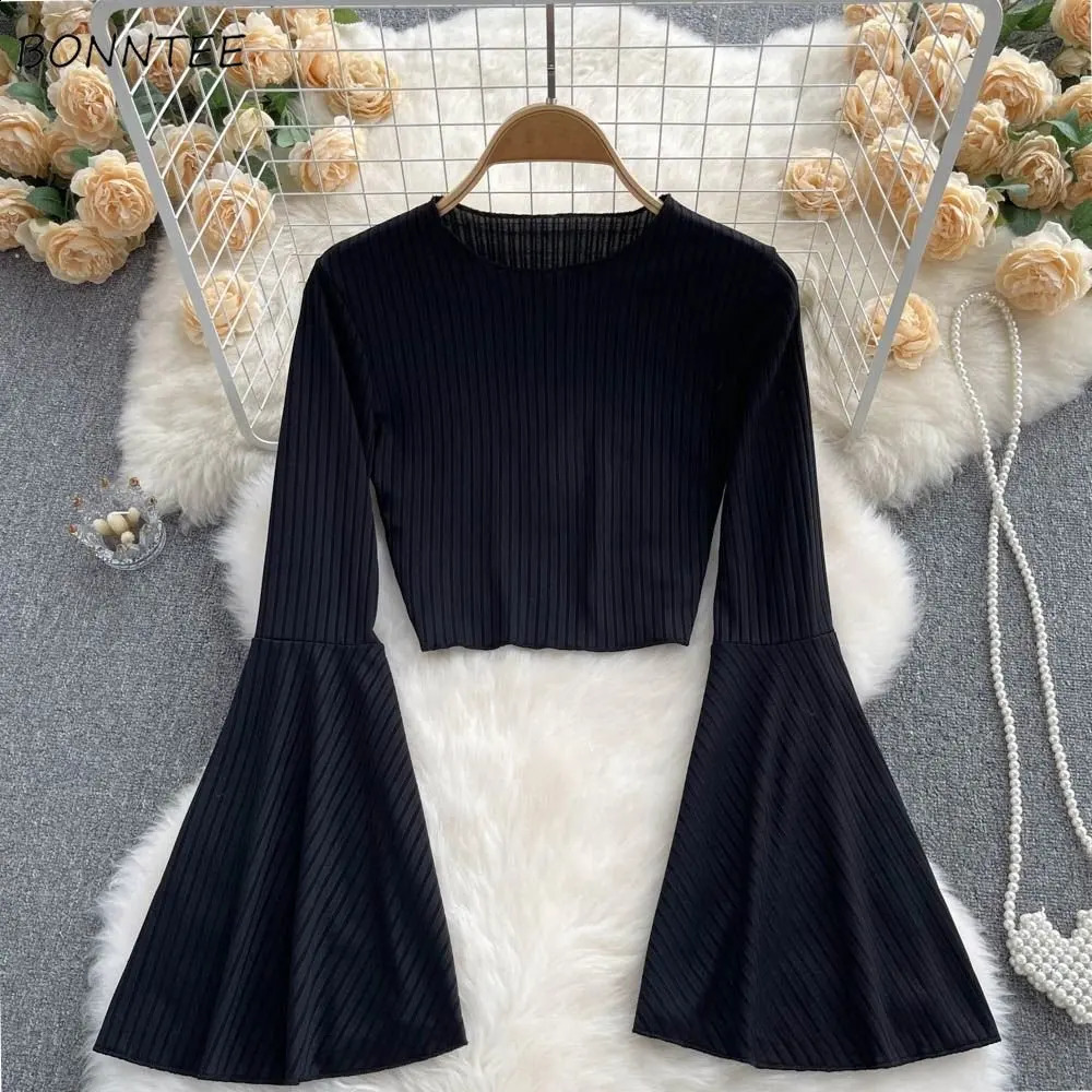T-shirts Women Flare Sleeve Cozy Vintage Pure Casual Clubwear Korean Style All-match Elegant Slim Mujer Camisetas Autumn Trendy 240821