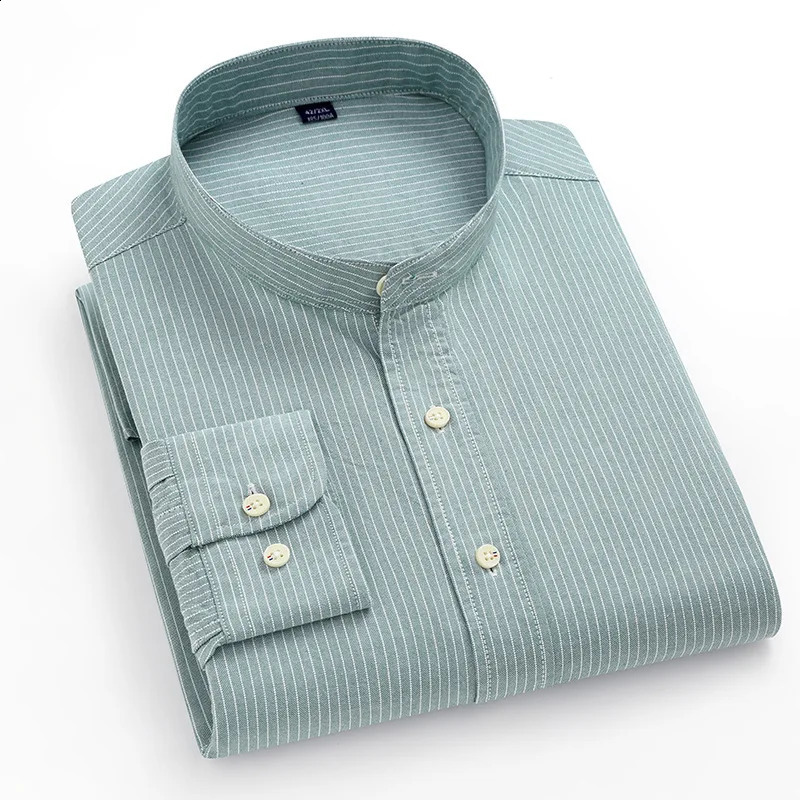 Mandarin Mens Oxford Shirt Autumn Thin 100% Cotton Long Sleeve Pocketless Soft Comfort Stripe Business Office Male Dress Shirts 240820