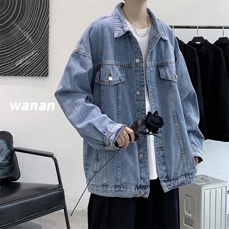 Spring Autumn Mens Loose Denim Jacket Coat Korean Fashion Solid Lapel Cardigan Retro Slim Jeans Men Clothing y240820