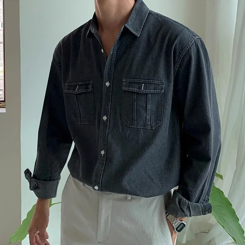 Streetwear Mens Denim Shirts Fashion Patchwork Pockets Long Sleeve Jean Shirt for Men Vintage Solid Color Button Denim Cardigans 240820