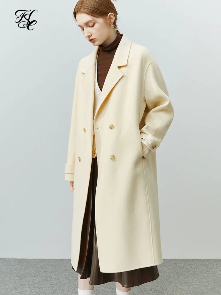 FSLE 100% Wool Simple Fashionable Double-face Woolen Coats Office Lady Turn-Down Double Breasted Mid-Length Straight Wool Jacket 240820