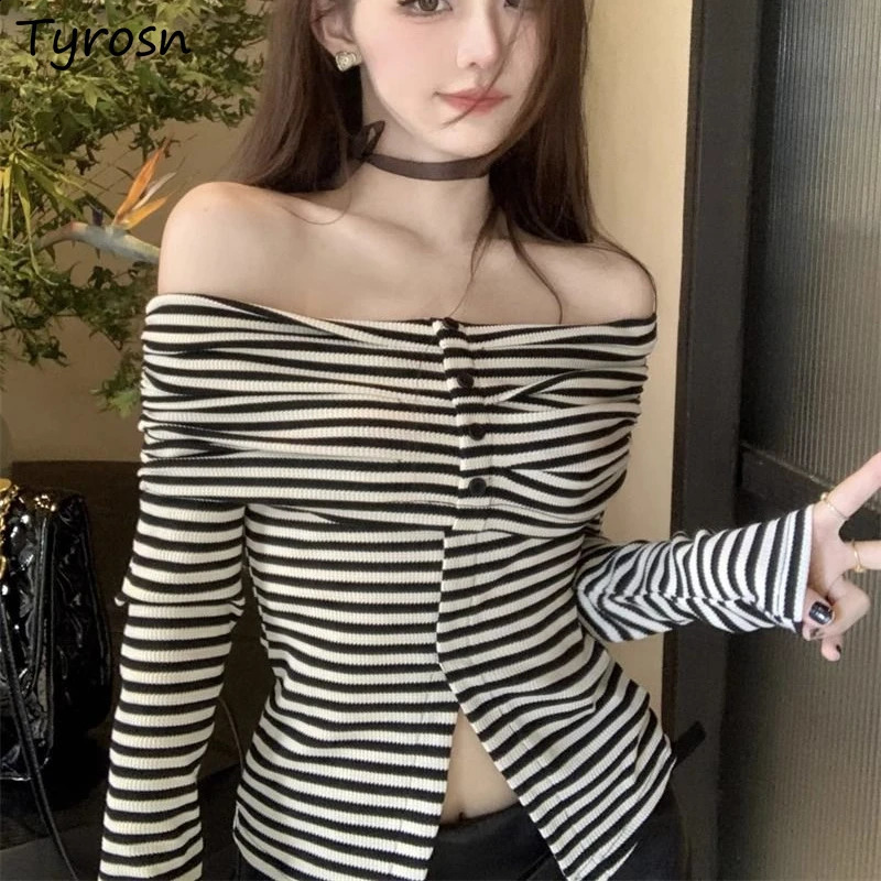 T-Shirts Women Striped Slash Neck Off-shoulder Slim Fit Crop Top Spring Autumn Side-slit All-match Sweet Sexy Korean Style 240821