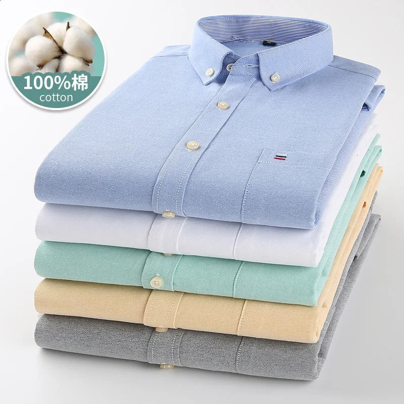 Champe à plaid masculine 100% coton pur oxford à manches longues à manches longues décontractées de robes quotidiennes solides décontractées