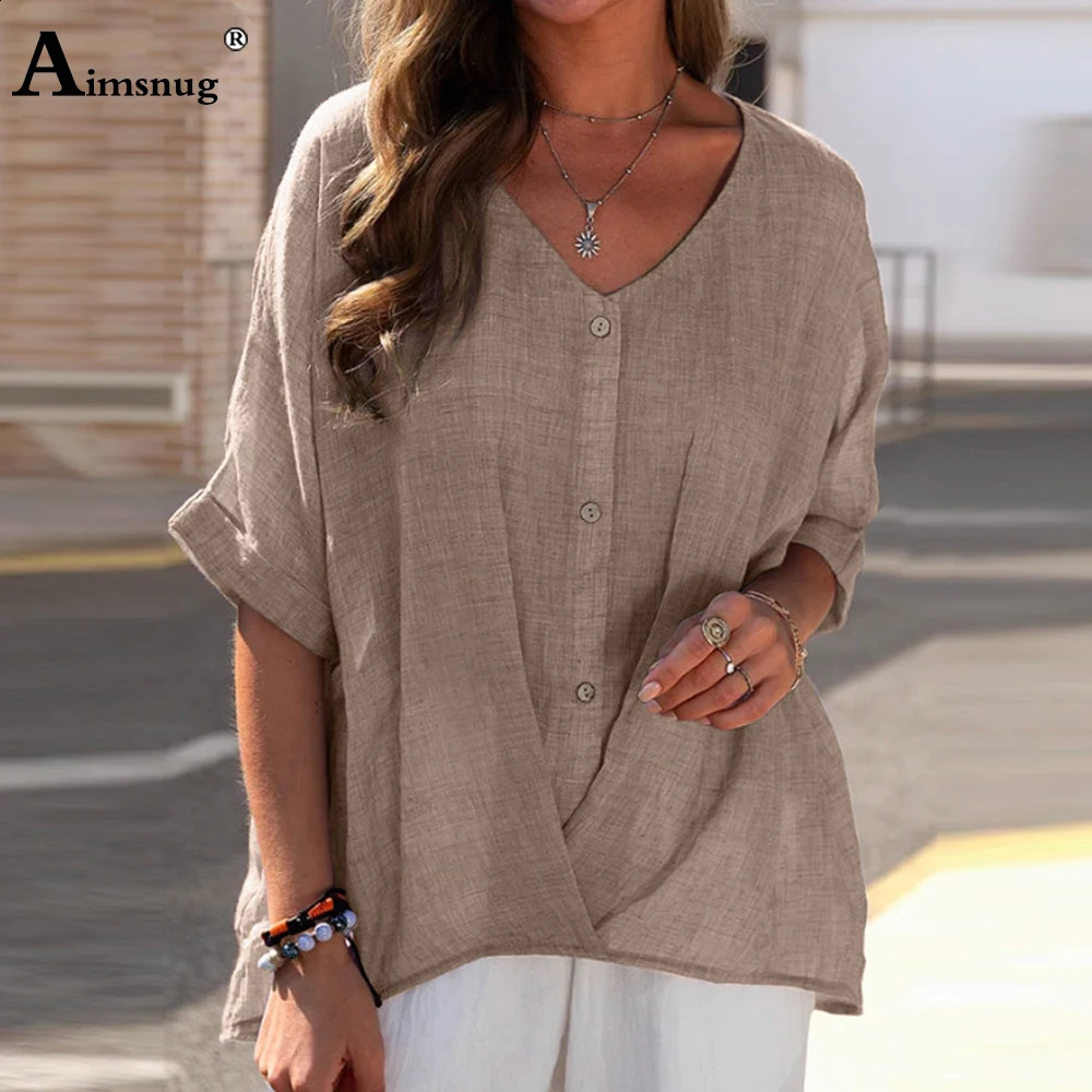 Womens latest summer casual linen shirt loose fitting shirt with half sleeves button up collar womens Tunic blues womens clothing size S-5XL 240821