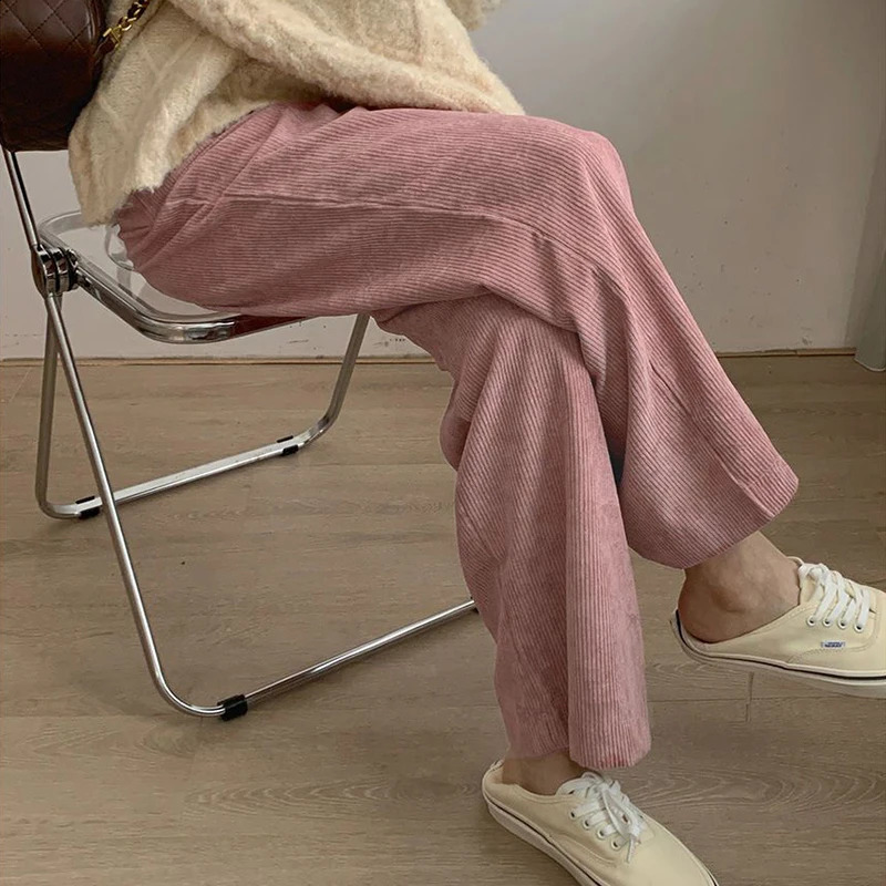 Pantalon en velours rose femmes automne hiver haut taille pantalon de jambe large coréen décontracté tout match in pantalon féminin 240821