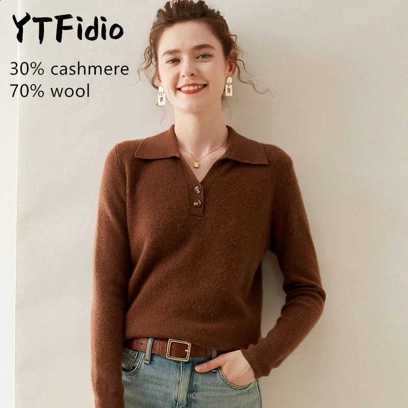 YTFidio Cashmere Merino Wool Sweater Women Long Sleeve POLO-neck Casual Jumpers Solid Knitwear Button Pullover Tops 104 240820