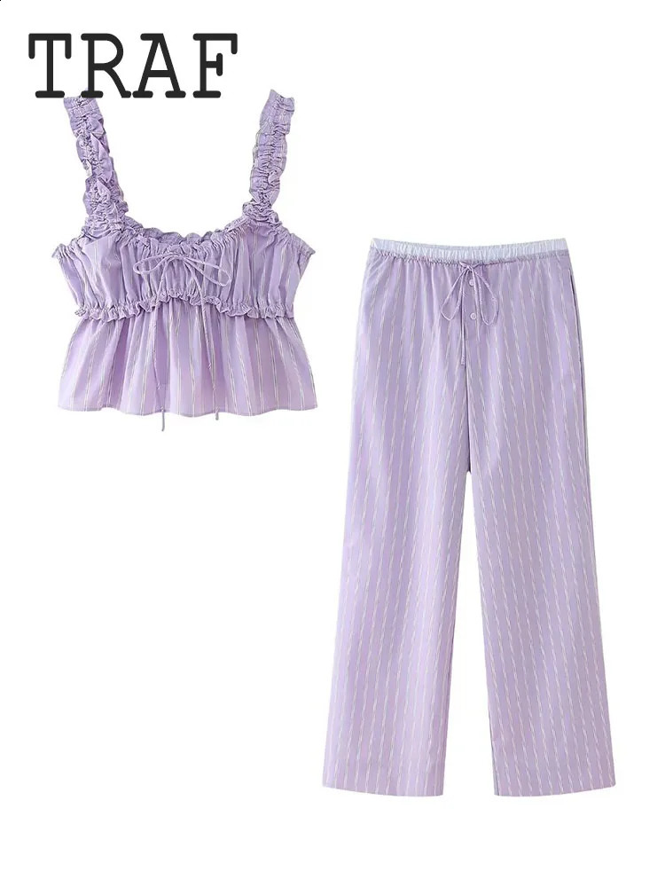 TRAF Fine Striped Elastic Waist Pants Sets For Women 2 Pieces 2024 Fashion Poplin Sling Top Womens Suit Two Piece Set 240813
