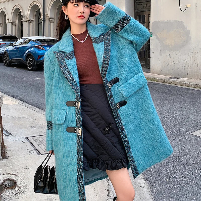 Mabillage en laine Femmes d'hiver automobile Fashion Tops décontractés veste lâche femelle Long manteau bleu veste lourde 240820