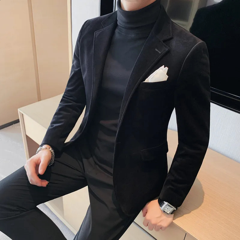 Winter velvet jacket mens y clothing ultra-thin fit formal suit jacket black 240821