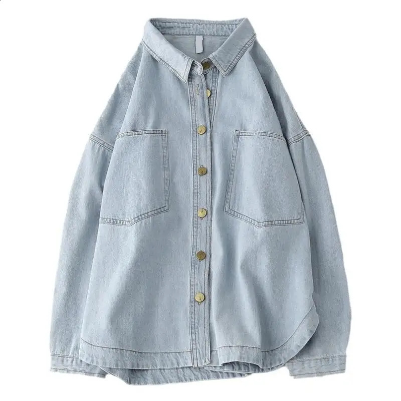 Spring and Autumn Womens Denim Jacket Fashion Loose Collar Long Sleeve Top Casual Single Breasted Solid Coat 2023 Light Blue 240820