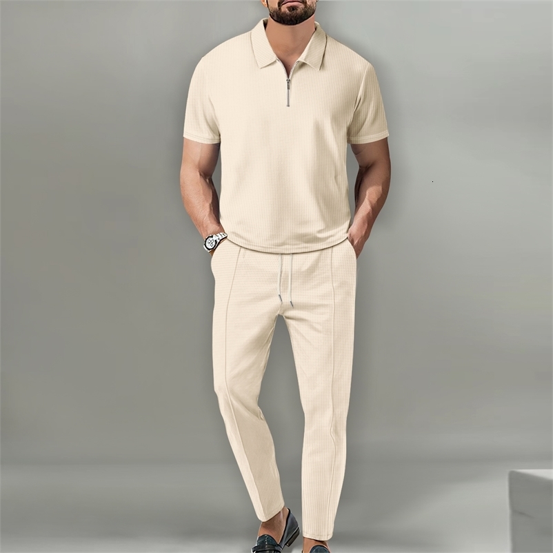 2024 The Selling Spring And Summer Mens Solid Color Waffle Collar Zipper Suit Outdoor Sports Golf Men Pants Clothing y240820