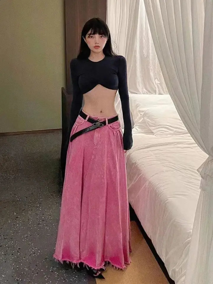 Y2k Harajuku Vintage Skirts for Women Solid Color High Waist Folds Raw Edge Long Denim Skirt Streetwear All Match Clothing 240820