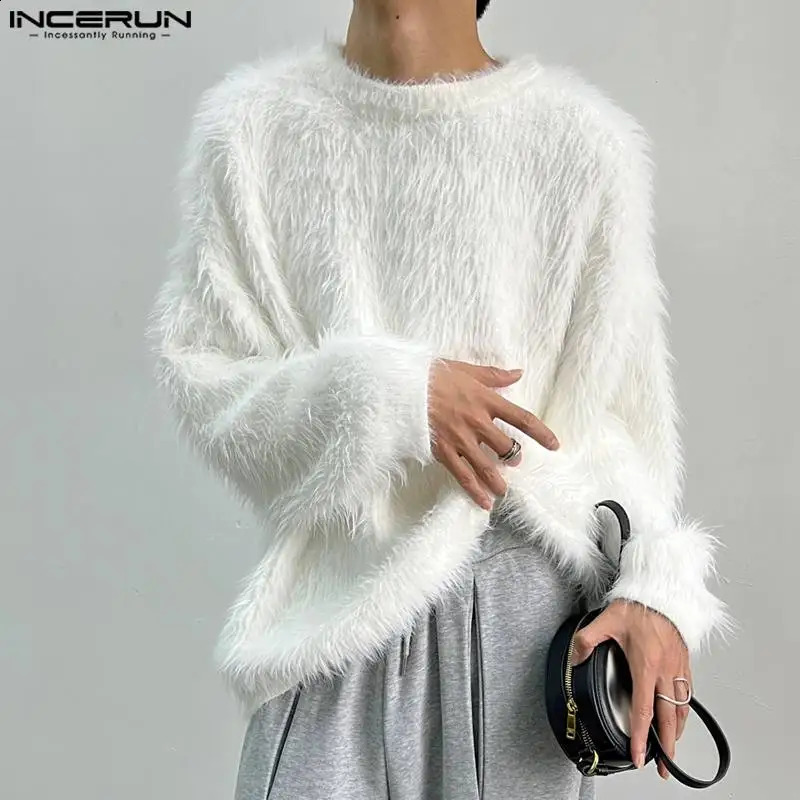 INCERUN Men Pullovers Solid Color Plush O-neck Long Sleeve Casual Men Clothing Streetwear Fashion Autumn Sweaters S-5XL 240821