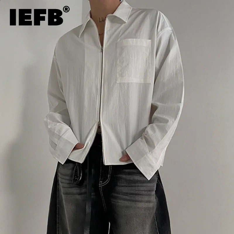 IEFB Casual Shirt Mens Spring Loose Long Sleeve Korean Style Coat Solid Color Male Clothing Zipper Turn-down Collar 9C4992 240820