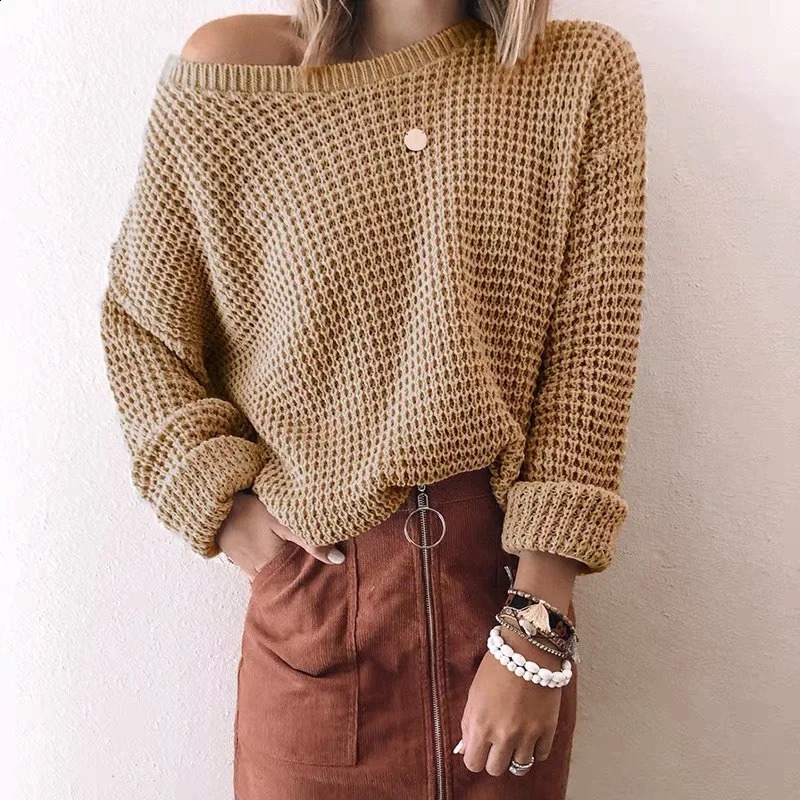 pull en tricot gaufré pour femmes col bateau à manches longues doux confortable pull pulls Laides Chic tenue 240820