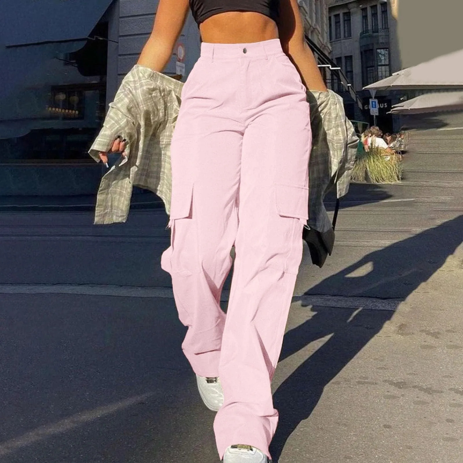 Pantalon de cargaison pour femmes élastique haute taille les jambes larges mens de jogging de jambe droite pantalon de sport de jambe large lâche
