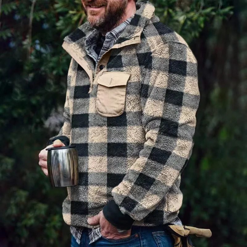 Autumn and winter warm casual hoodie mens long sleeved pocket loose double-sided plush checkered pattern sports sweater wool hoodie top 240821