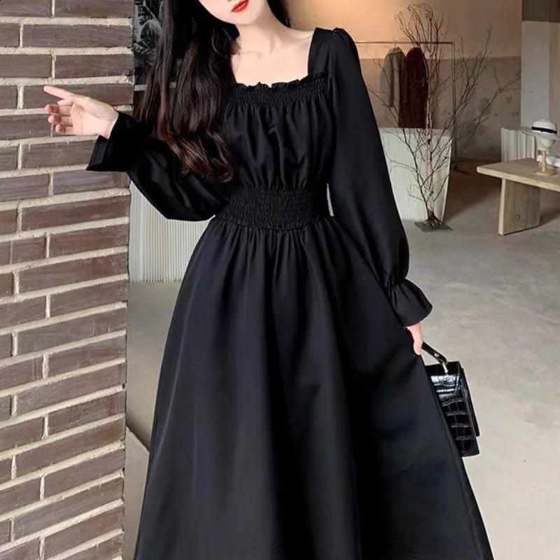 Houzhou Black Elegant Robe Femmes Vintage Long Manches Spring Automne Robes Collier Square surdimension
